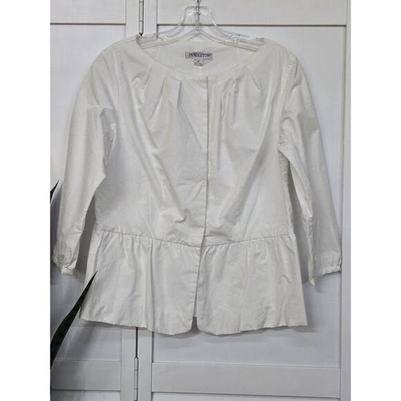 Pendleton White Emb Dot Cotton 3/4 Sleeve Button Down Balloon Hem Blouse Size 10 - Picture 1 of 7